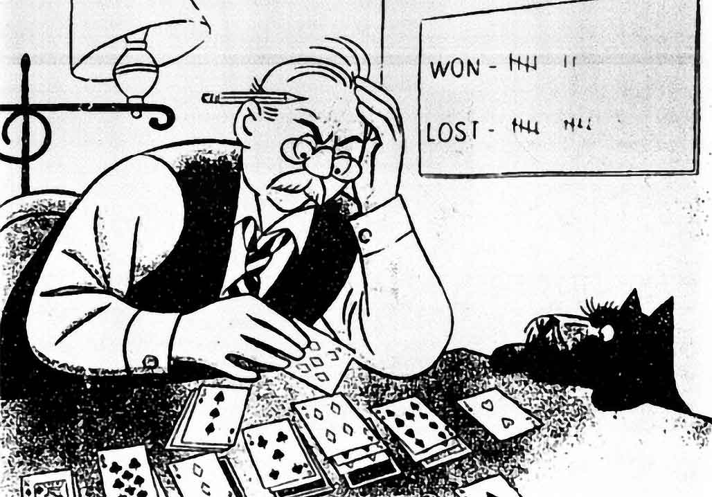 Dessin humoristique d'un homme âgé frustré par une partie de Solitaire, avec un tableau d'affichage montrant plus de défaites que de victoires
